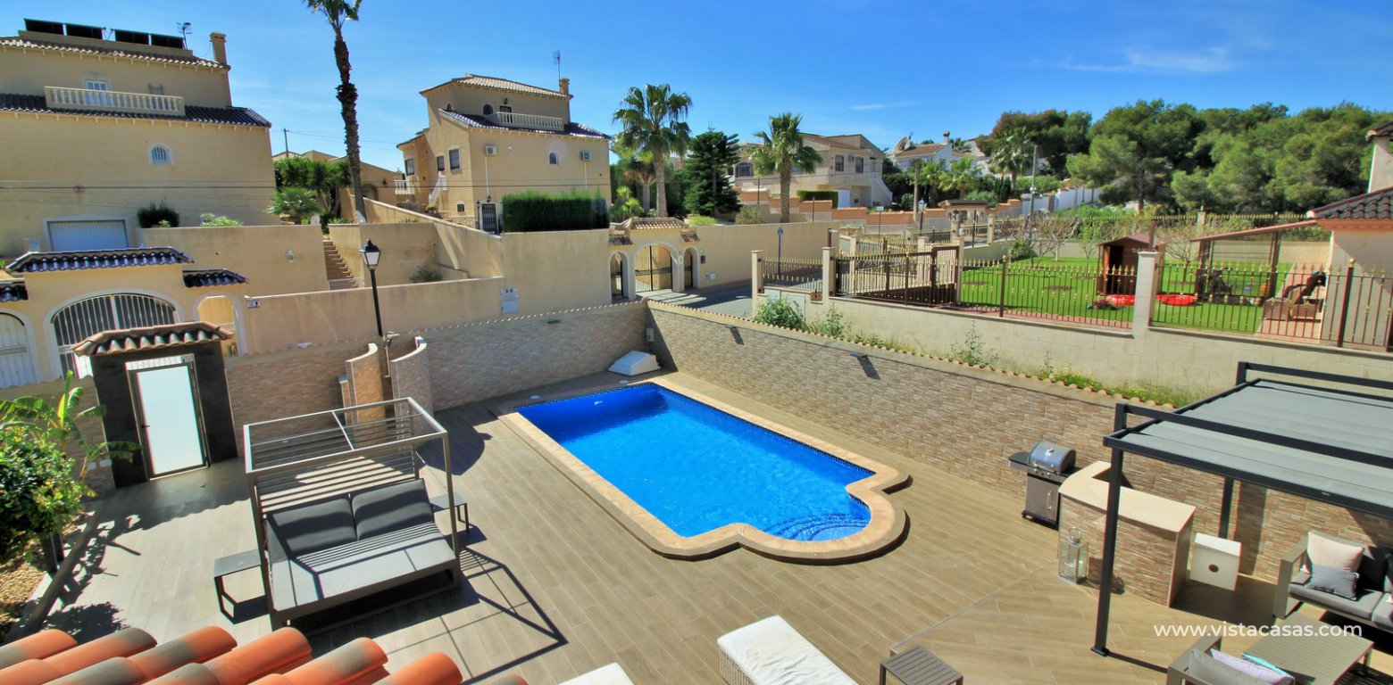 Modern 5 bedroom detached villa with private pool and large plot for sale Villamartin balcony pool view