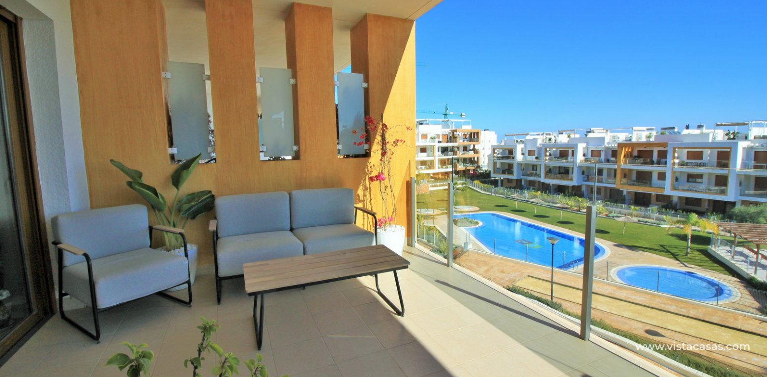 South facing apartment overlooking the pool for sale in Residencial Gala Los Dolses Orihuela Costa balcony 2 pool view